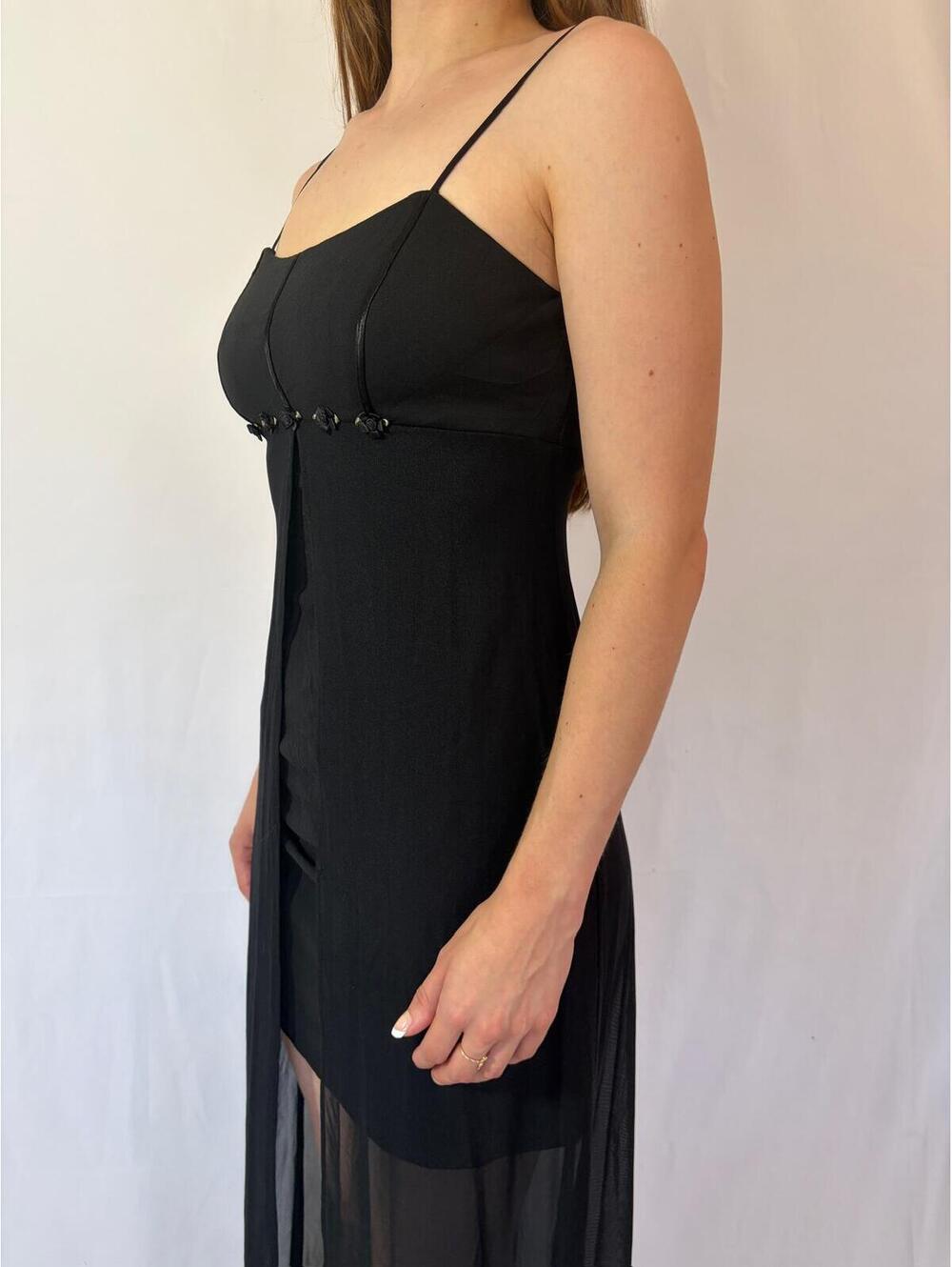 Vintage Blondie Nites Black Rosette Mesh Overlay High Low Evening Gown - Picture 3 of 7